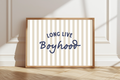 NavySand Long Live Boyhood print with colourful striped background