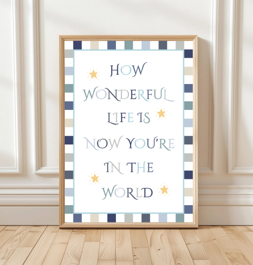 Blue Inspirational children’s wall art with bright striped border