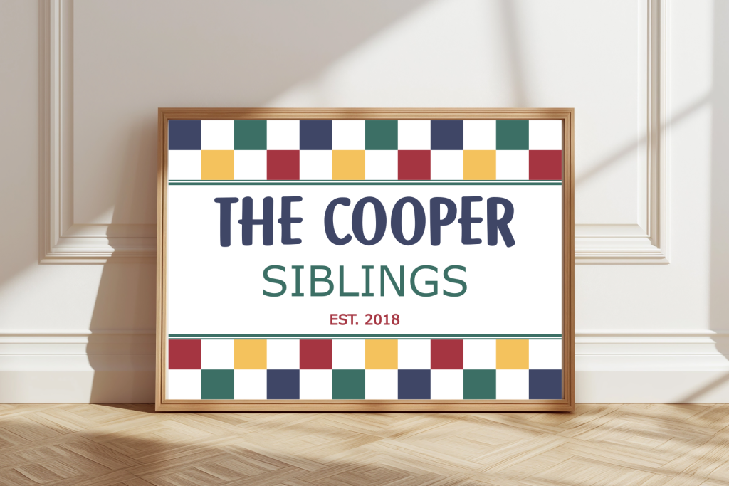 Personalised siblings print with family name and colourful checkered border