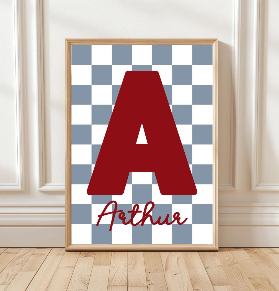Personalised initial print with retro checkerboard background