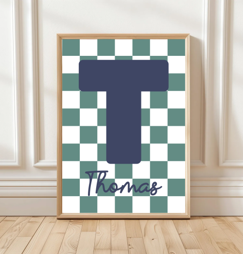 NavyGreen Retro kids’ wall art with bold initial and name