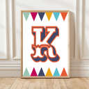 Personalised circus‑style initial print for children with colourful harlequin pattern