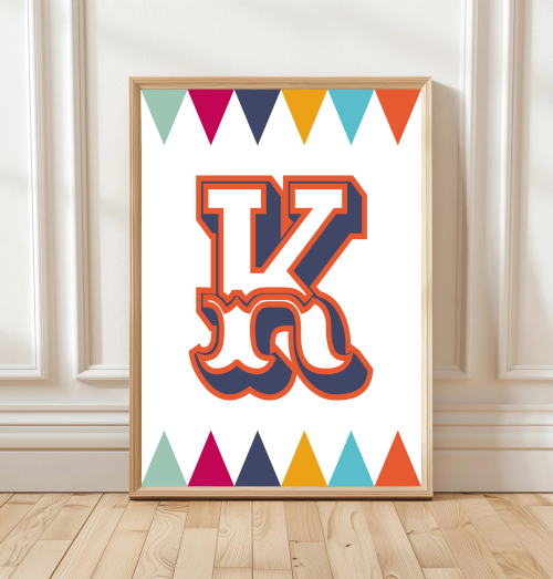 NavyOrange Personalised circus‑style initial print for children with colourful harlequin pattern