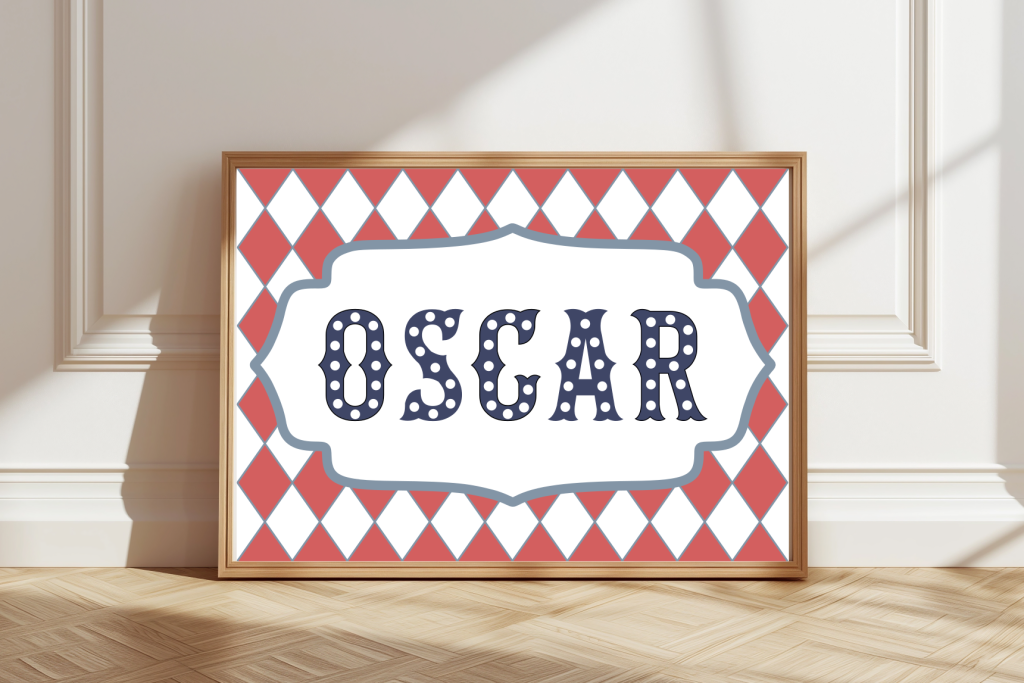 Personalised circus name print with marquee‑style lettering for children