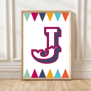 Personalised circus‑style initial print for children with colourful harlequin pattern