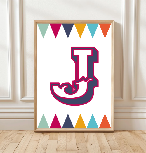 NavyRed Personalised circus‑style initial print for children with colourful harlequin pattern