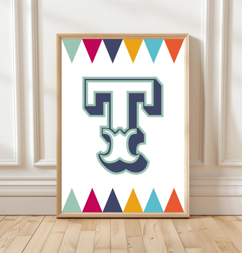 NavySage Personalised circus‑style initial print for children with colourful harlequin pattern