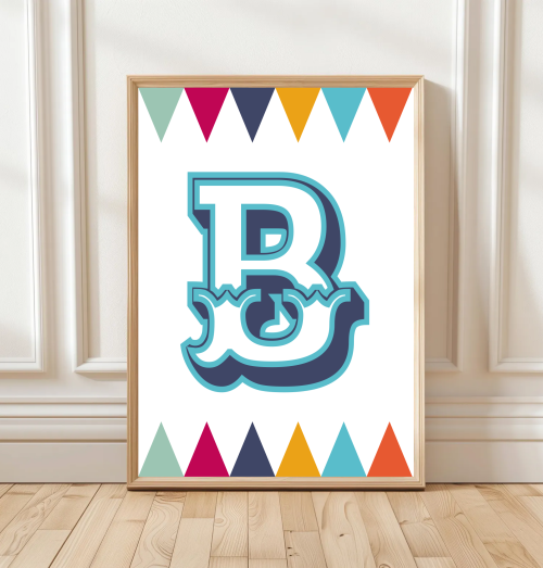 NavyTurquoise Personalised circus‑style initial print for children with colourful harlequin pattern