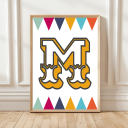 Personalised circus‑style initial print for children with colourful harlequin pattern
