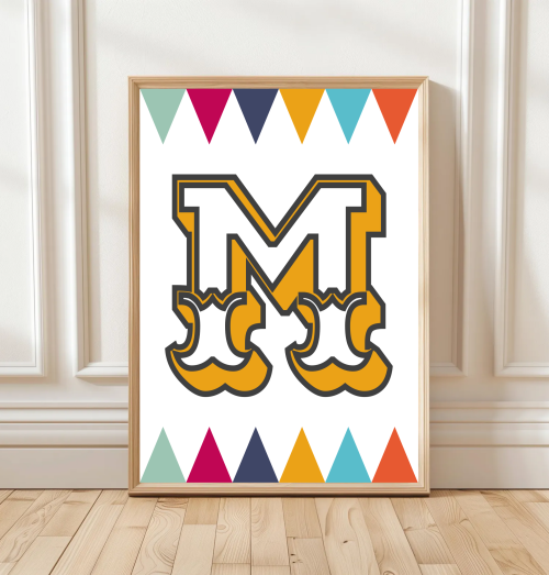 NavyYellow Personalised circus‑style initial print for children with colourful harlequin pattern