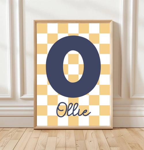 NavyYellow Custom name initial poster in colourful checkered design