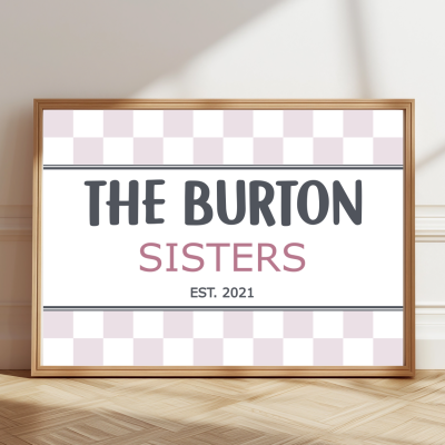 Personalised sisters print with family name and colourful background celebrating girls