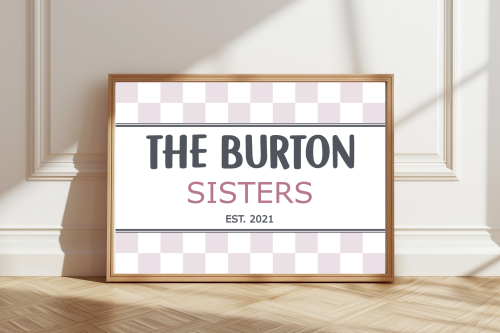 PinkGrey Personalised sisters print with family name and colourful background celebrating girls