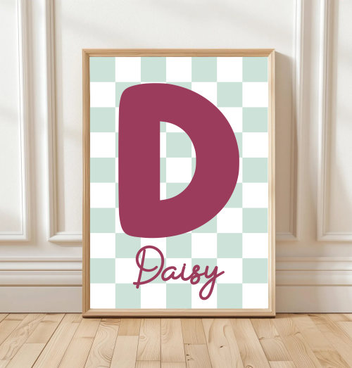 PinkMint Retro kids’ wall art with bold initial and name