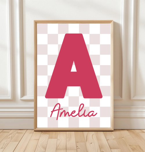 PinkPink Custom name initial poster in colourful checkered design