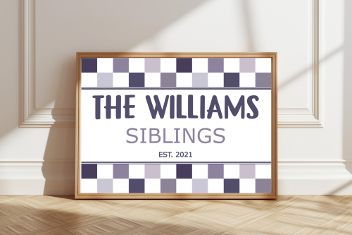 Plum Personalised sisters print with family name and colourful background celebrating girls