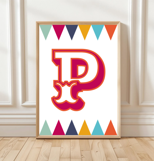 RedOrange Personalised circus‑style initial print for children with colourful harlequin pattern