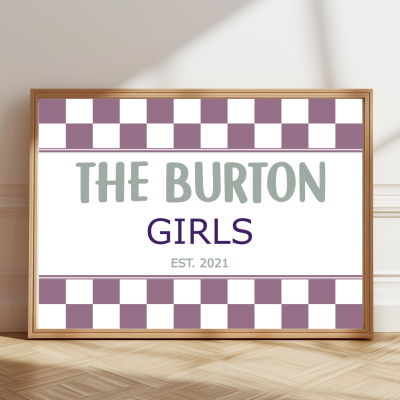 Personalised sisters print with family name and colourful background celebrating girls