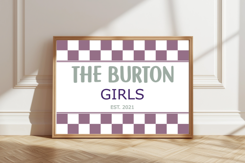 SageRaspberry Personalised sisters print with family name and colourful background celebrating girls