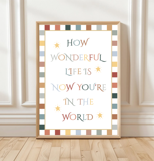Colourful nursery print with the quote ‘How wonderful life is now you’re in the world