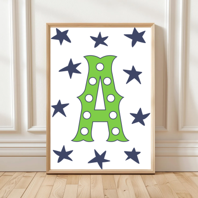 Custom initial wall art with playful star design