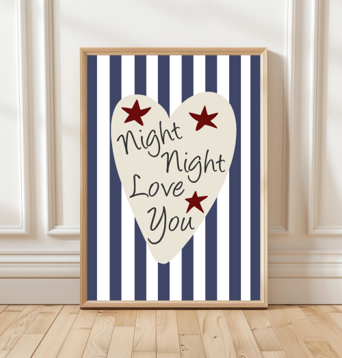 Navy Night Night Love You children’s wall art print in blue stripe background