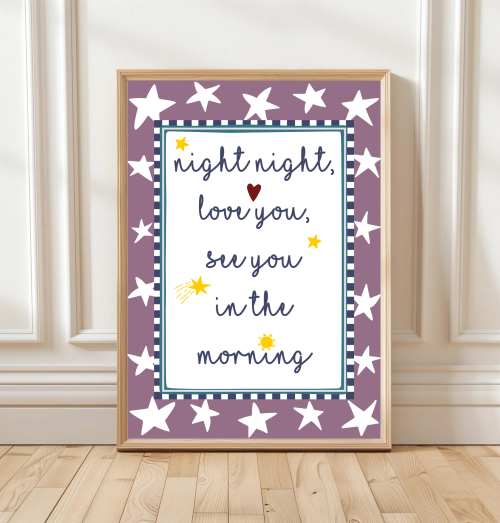 Raspberry Colourful nursery wall art with goodnight quote