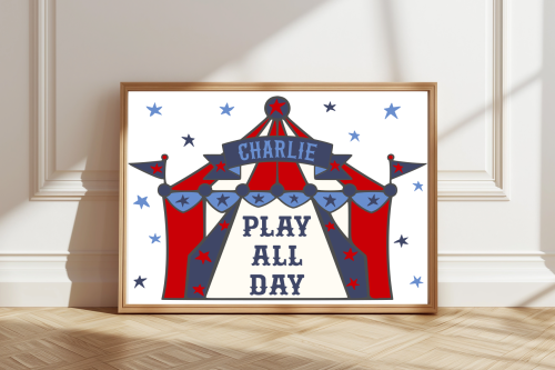 RedBlue Play All Day circus poster for kids’ room