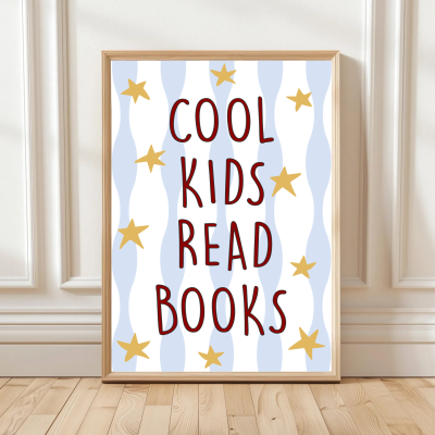 Cool Kids Read Books print with bold lettering, stars and wavy stripes – available in blue or pink.