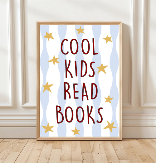 Cool Kids Read Books print with bold lettering, stars and wavy stripes – available in blue or pink.