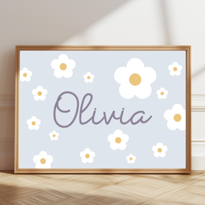 Personalised floral name print with white flowers and pastel blue background – custom girl's wall art.
