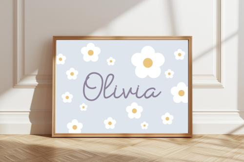 Blue Personalised floral name print with white flowers and pastel blue background – custom girl's wall art.