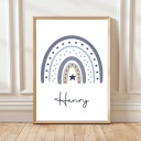 Personalised rainbow print with child’s name in script, blue rainbow and stars– nursery wall art.