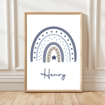 Personalised rainbow print with child’s name in script, blue rainbow and stars– nursery wall art.