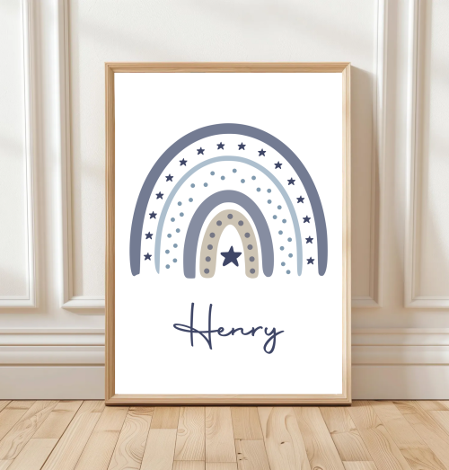 Personalised rainbow print with child’s name in script, blue rainbow and stars– nursery wall art.