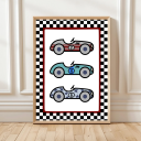 Kids race car wall art featuring three colourful cars with checkered border – motorsport themed print.