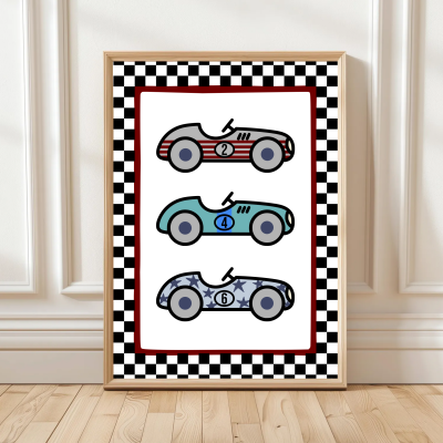Kids race car wall art featuring three colourful cars with checkered border – motorsport themed print.