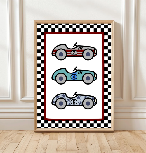 Kids race car wall art featuring three colourful cars with checkered border – motorsport themed print.