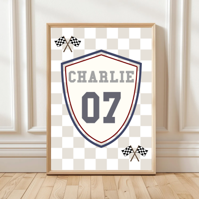 Personalised Racing Shield Print – Kids Motorsport Wall Art