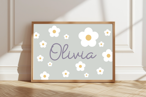 Green Personalised floral name print with white flowers and pastel green background – custom girl's wall art.