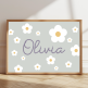 Personalised floral name print with white flowers and pastel green background – custom girl's wall art.