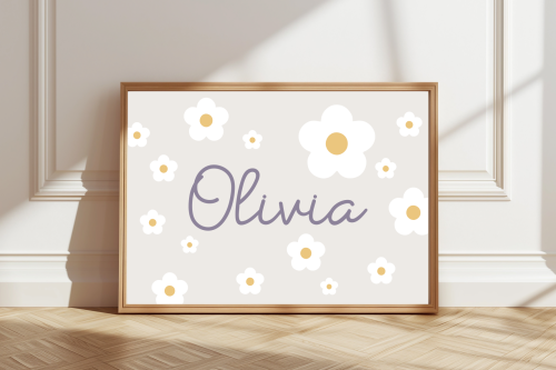 Neutral Personalised floral name print with white flowers and neutral background – custom girl's wall art.