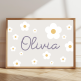 Personalised floral name print with white flowers and neutral background – custom girl's wall art.