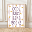 Cool Kids Read Books print with bold lettering, stars and wavy stripes – available in blue or pink.