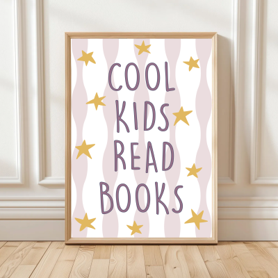 Cool Kids Read Books print with bold lettering, stars and wavy stripes – available in blue or pink.