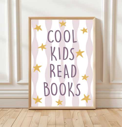 Pink Cool Kids Read Books print with bold lettering, stars and wavy stripes – available in blue or pink.