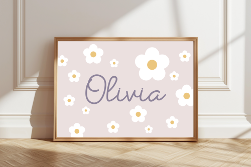 Personalised floral name print with white flowers and pastel pink background – custom girl's wall art.