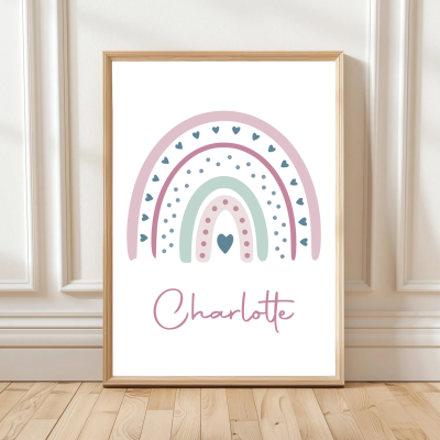 Personalised rainbow print with child’s name in script, pink rainbow and hearts – nursery wall art.