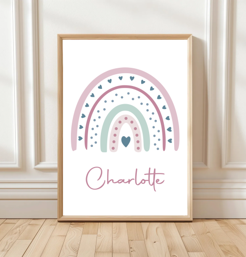 PinkGreen Personalised rainbow print with child’s name in script, pink rainbow and hearts – nursery wall art.