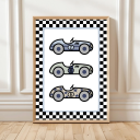Kids race car wall art featuring three colourful cars with checkered border – motorsport themed print.
